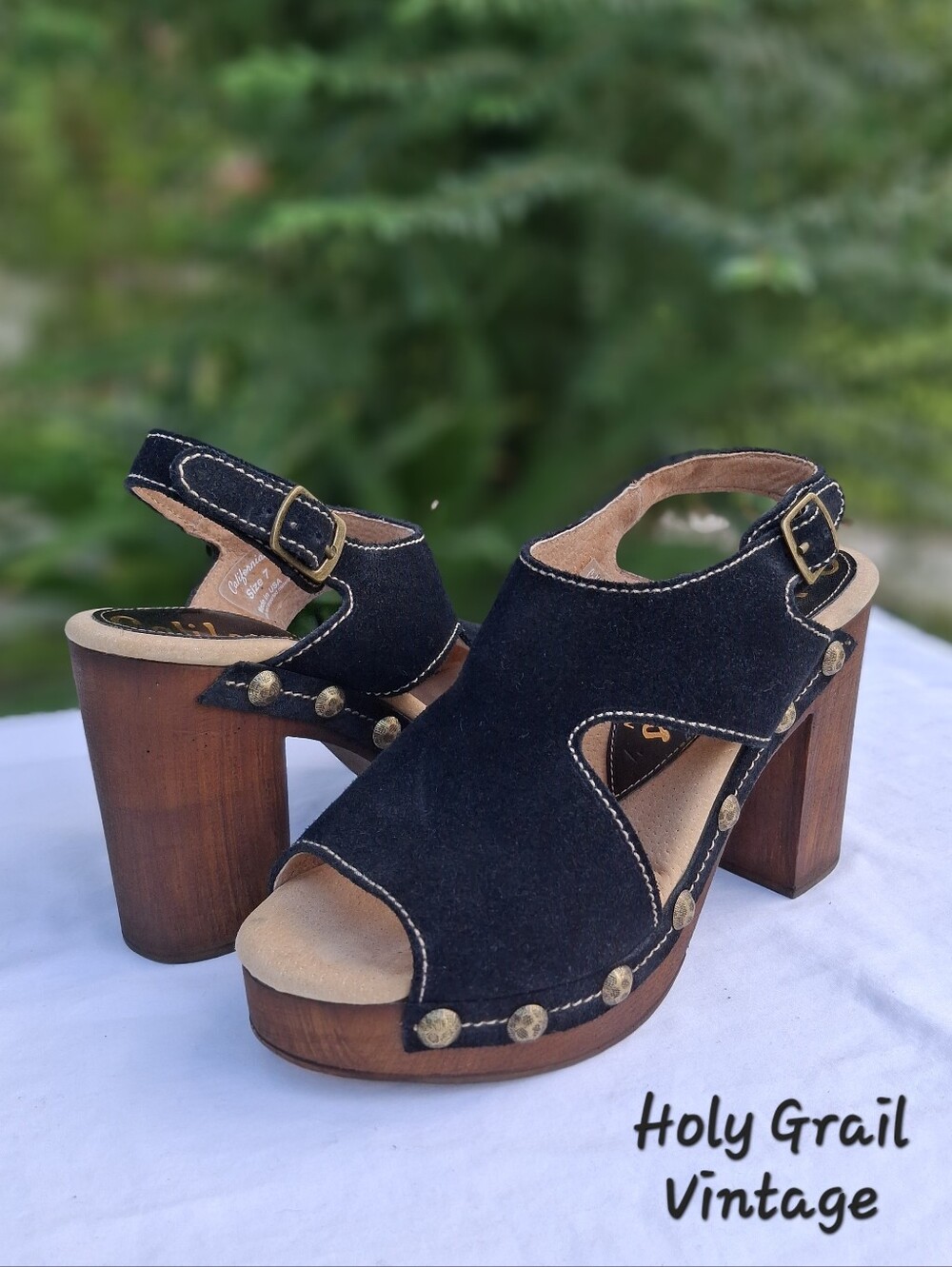 Californians Black Suede Studded Wood Sole Slingback Platform Sandals Clogs Sz 7